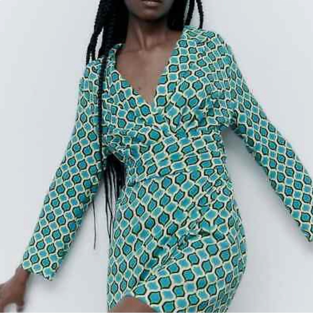 ZARA GEOMETRIC PRINT BLAZER DRESS BLUE/green size S
